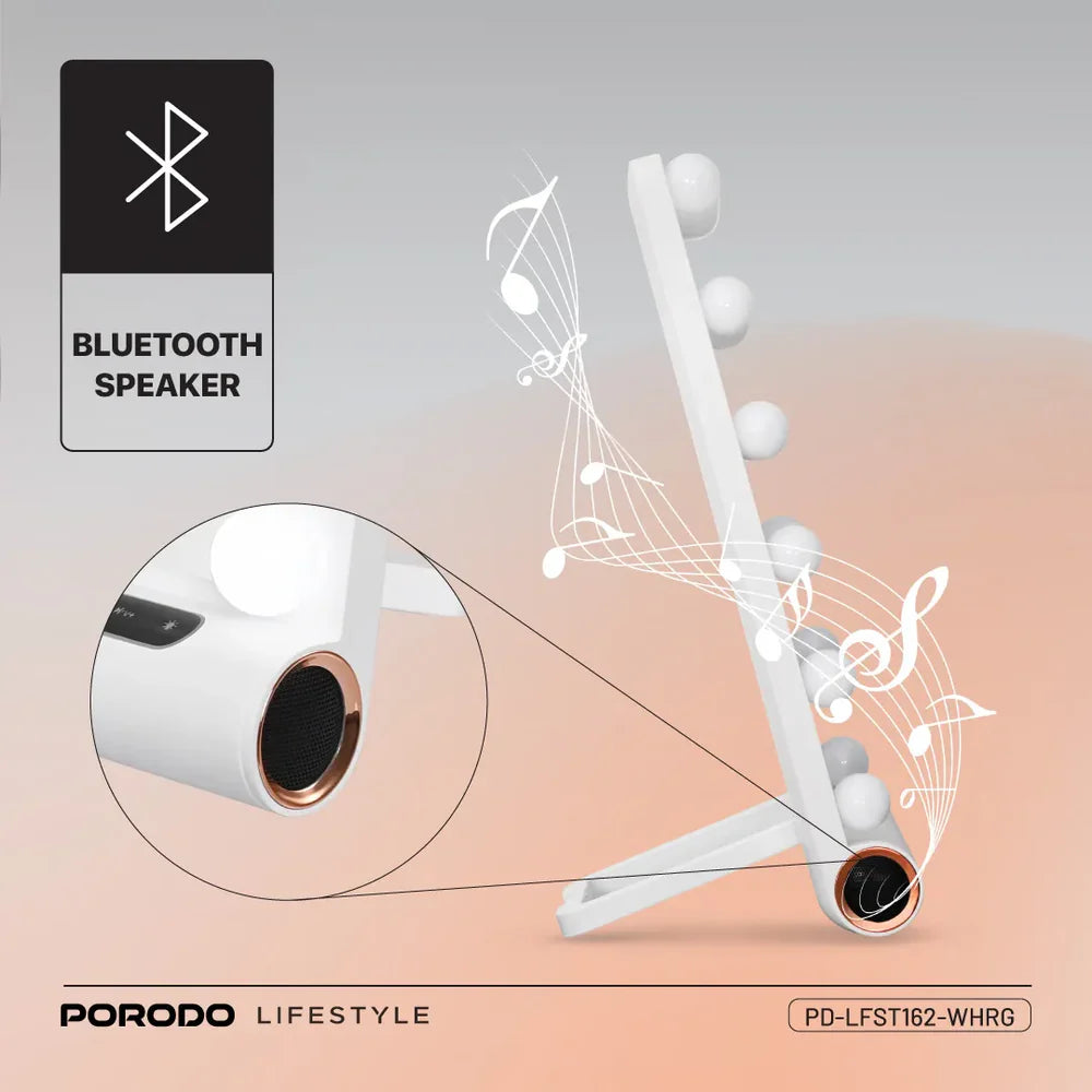 Porodo Hollywood Vanity Mirror with Bluetooth Speaker – 15 LED Lights, Smart Touch Control, 3 Light Modes