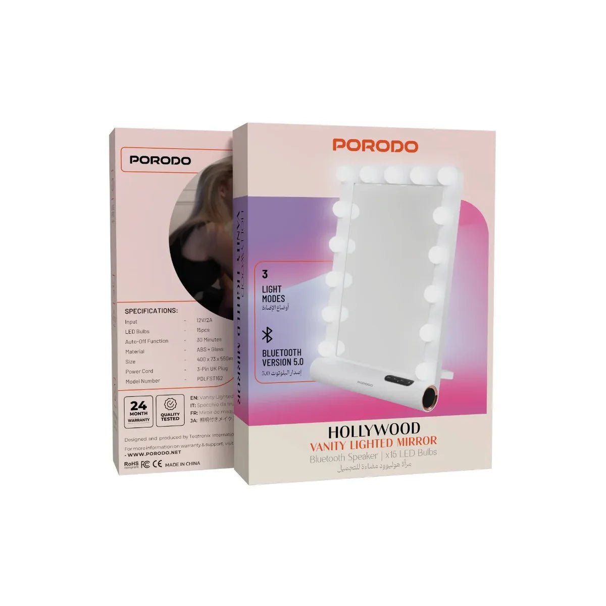 Porodo Hollywood Vanity Mirror with Bluetooth Speaker – 15 LED Lights, Smart Touch Control, 3 Light Modes