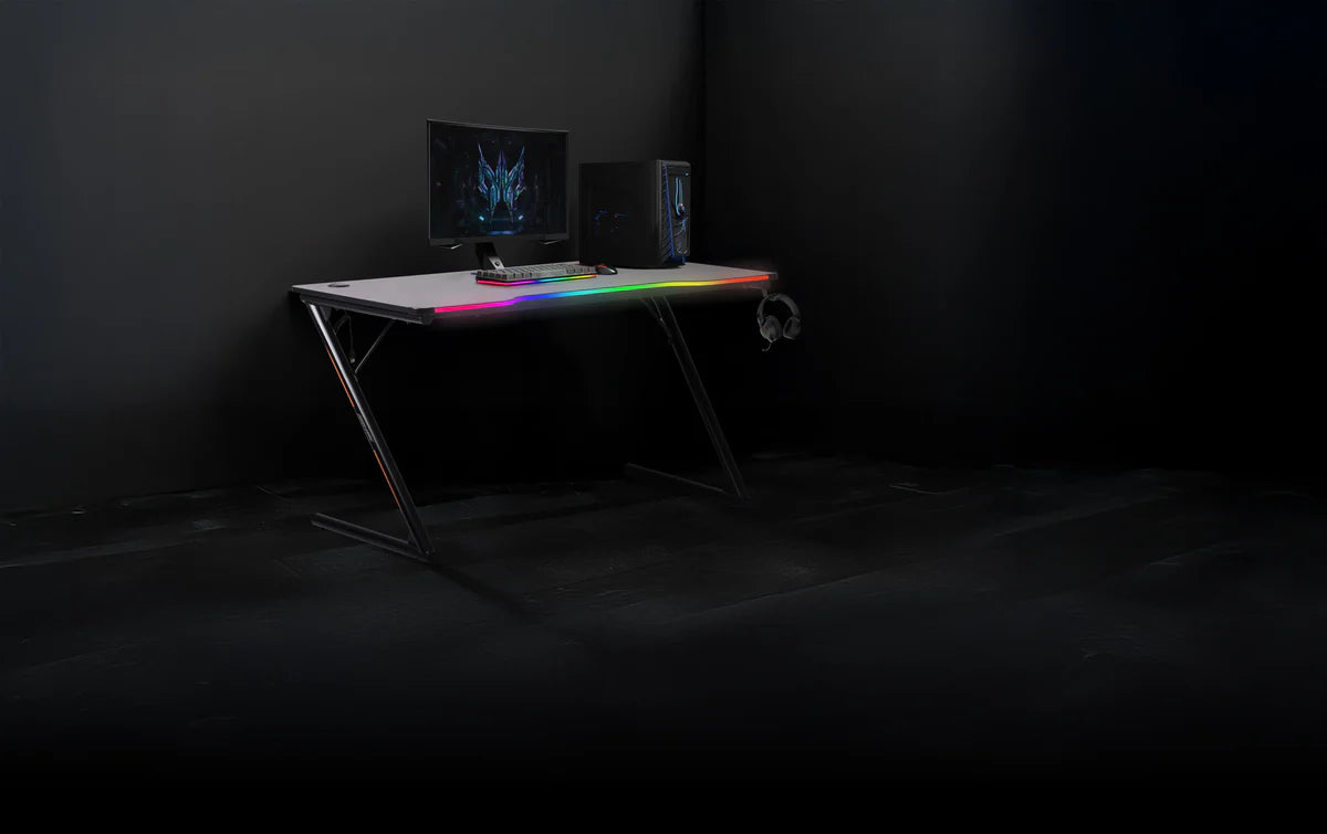 Porodo Gaming RGB Desk with Large Mousepad – 120×60cm, LED Lighting, Headphone Hook