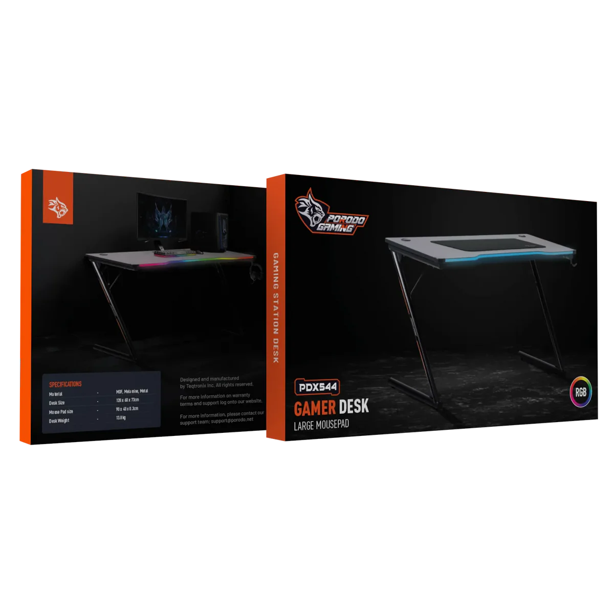 Porodo Gaming RGB Desk with Large Mousepad – 120×60cm, LED Lighting, Headphone Hook